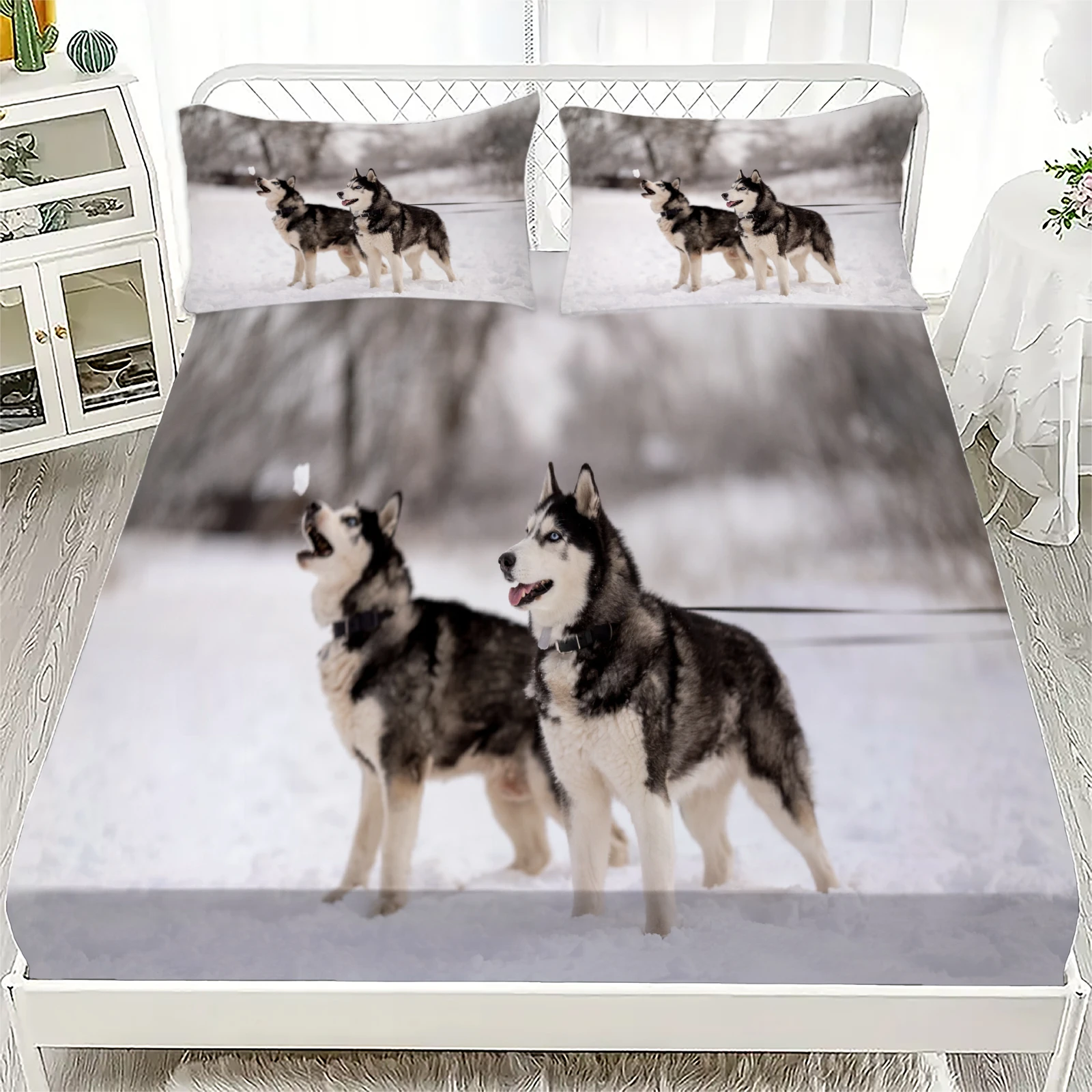 Snow Mountain Wolf Theme Personalized Fitted Sheet Set with at Least 1 Pillowcase Available In Various Sizes For Boys And Men
