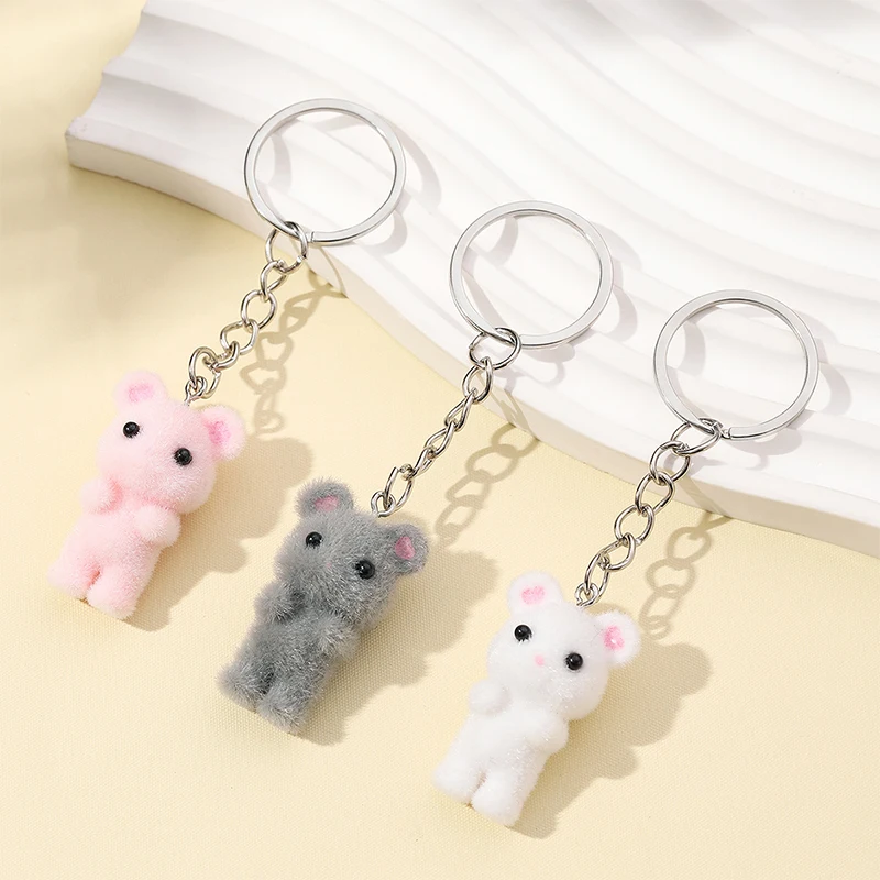 3D Cartoon Flocking Love Mouse Keychain Bag Pendant Cute Little Mouse Animals Keyring Backpack Charms Car Decor Gift Accessories