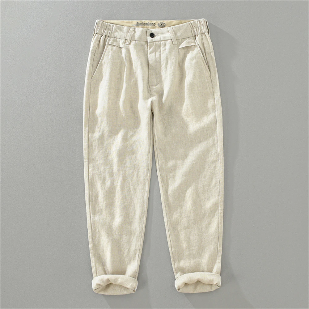 

men's summer cropped pants pure Linen breathable straight trousers for men solid spring man casual pants Beach and daily wear