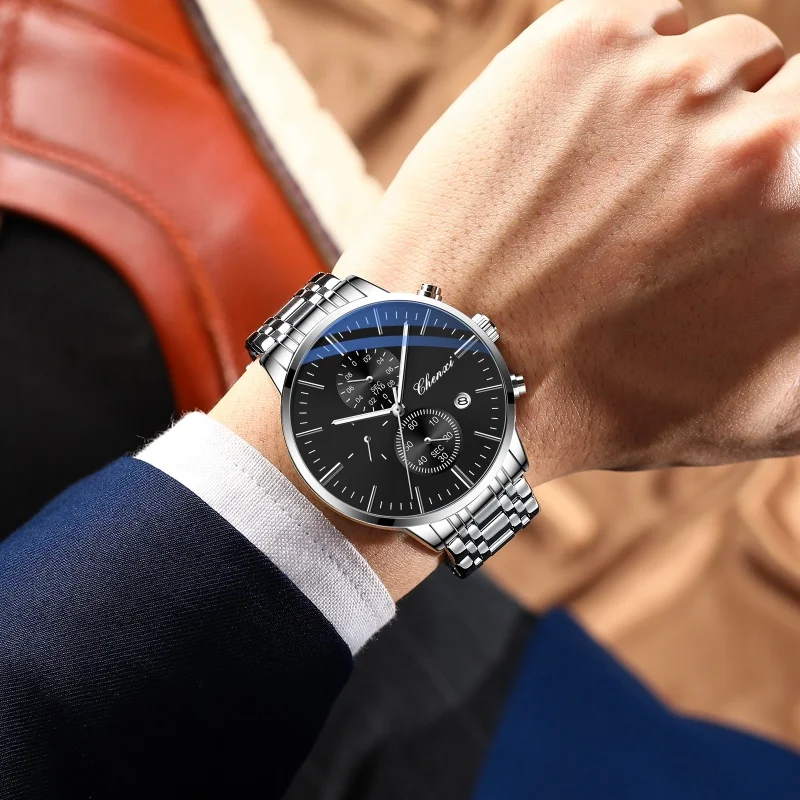 CHENXI 971 남성용 쿼츠 시계, 달력 크로노그래프 비즈니스 손목시계, 스테인리스 스틸 스트랩, 방수 클래식 남성 시계