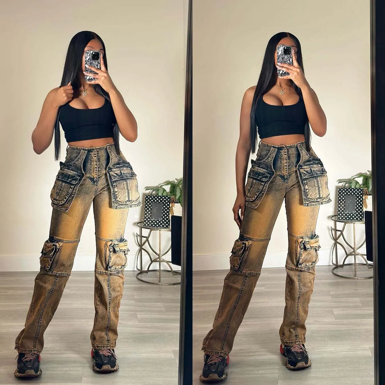 

Denim Pocket Jean Tie Dye High Waist Pants Y2K Streetwear 2024 Women Fall Winter Fashion Clothes Cargo Pencil Pant Trousers