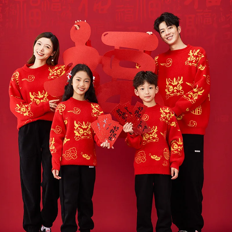 2024 New Year Family Red Sweater Autumn Winter Kids Baby Boy Long Sleeve Cartoon Pullover Men Women Sweaters Girls Knit Children