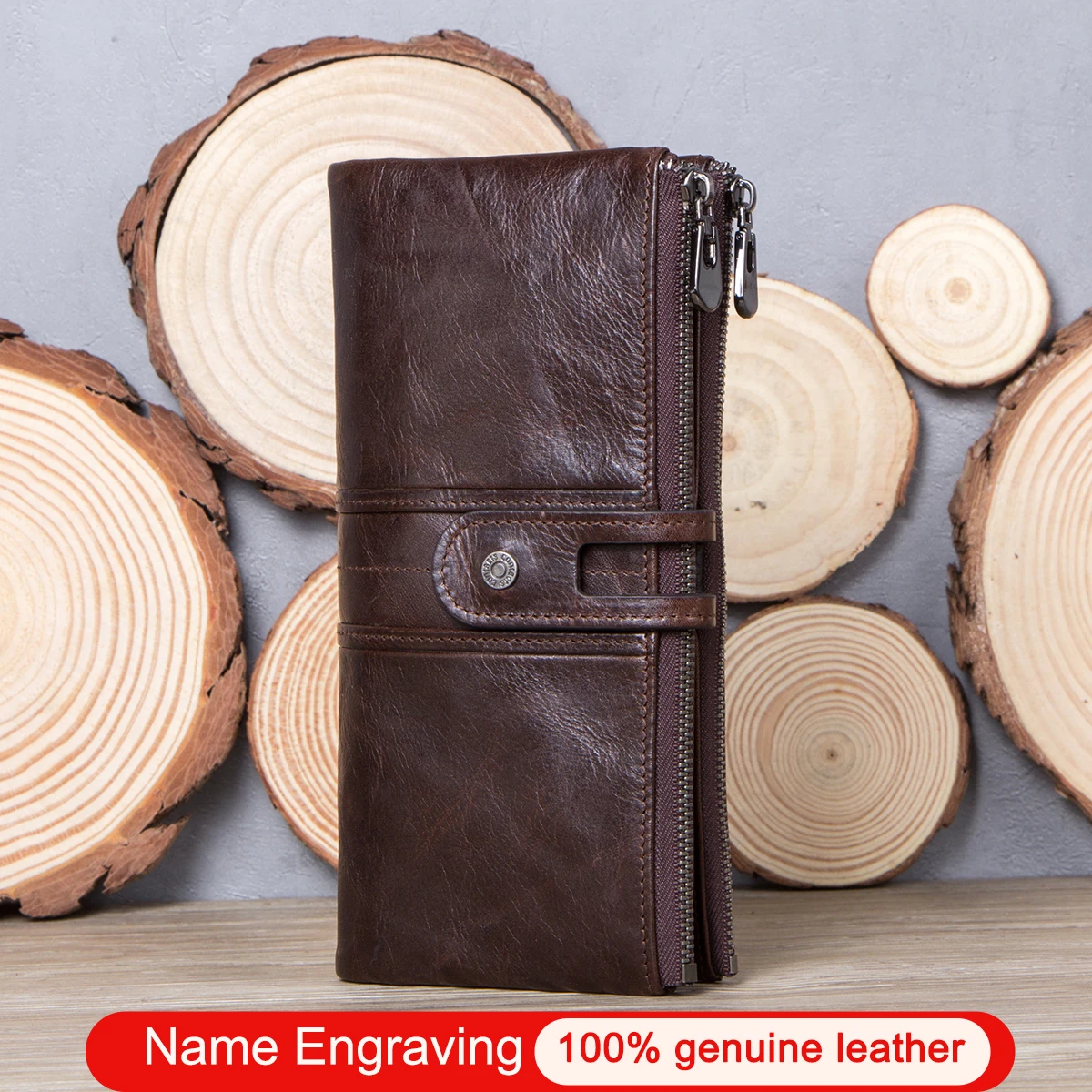 Genuine Leather Men Long Wallets Vintage Name Engrave Purse Card Holder Money Clip Coin Purse Phone Pocket Male Clutch Wallets