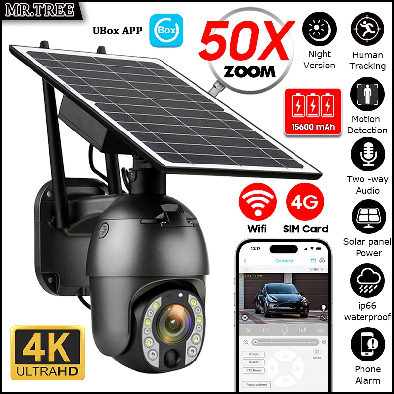 Caméra de surveillance solaire extérieure 4G SIM avec zoom optique 50X, caméra de sécurité Wi-Fi 4K avec détection/suivi humain