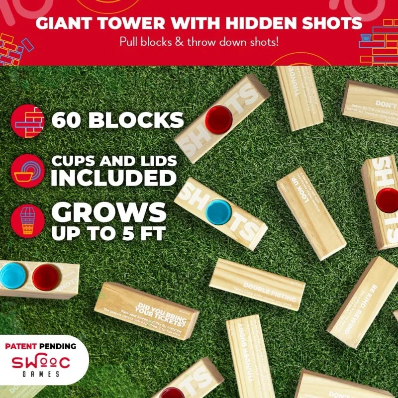 Giant Tower Party Game with Hidden Jello Shots - Includes Disposable Cups, Lids & Carrying Case - Stacks up to 5ft