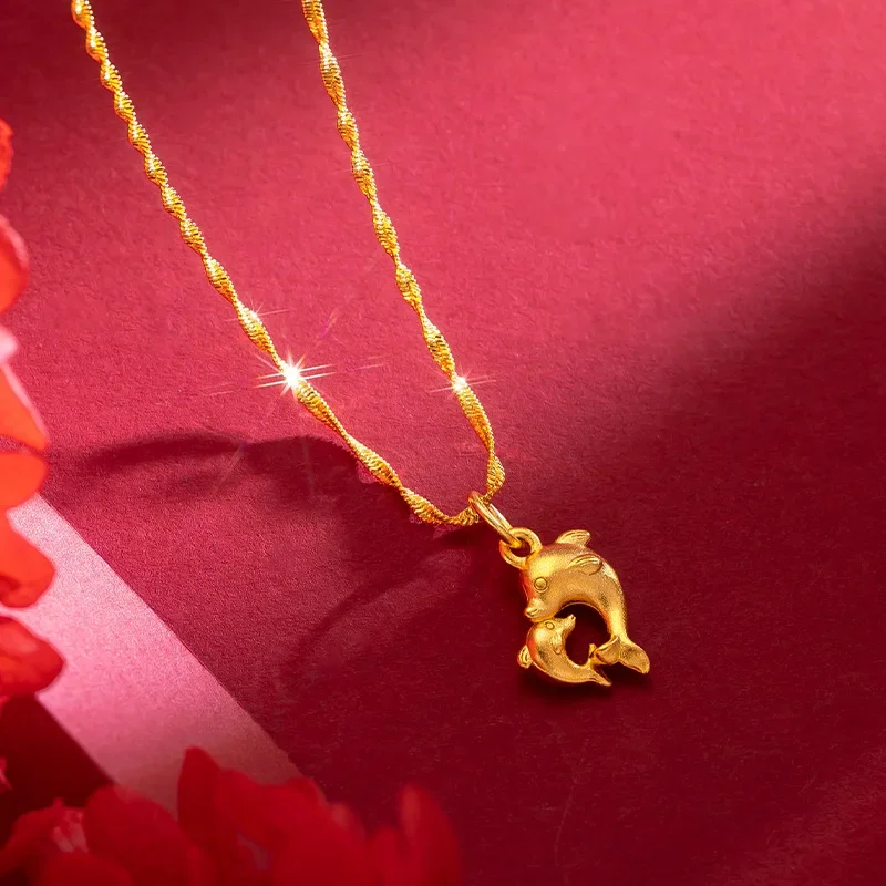 9999 real gold 24K yellow gold Double dolphin necklace female clavicle chain gold jewelry