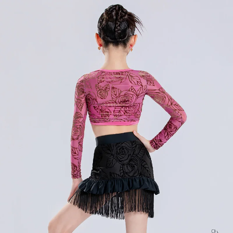 ชุดเต้นลาตินสำหรับเด็กผู้หญิง เสื้อพิมพ์ลายผูกเชือกและกระโปรงพู่สำหรับฝึกซ้อม ชุดเต้นรำบอลรูม รุมบ้าสำหรับเด็ก