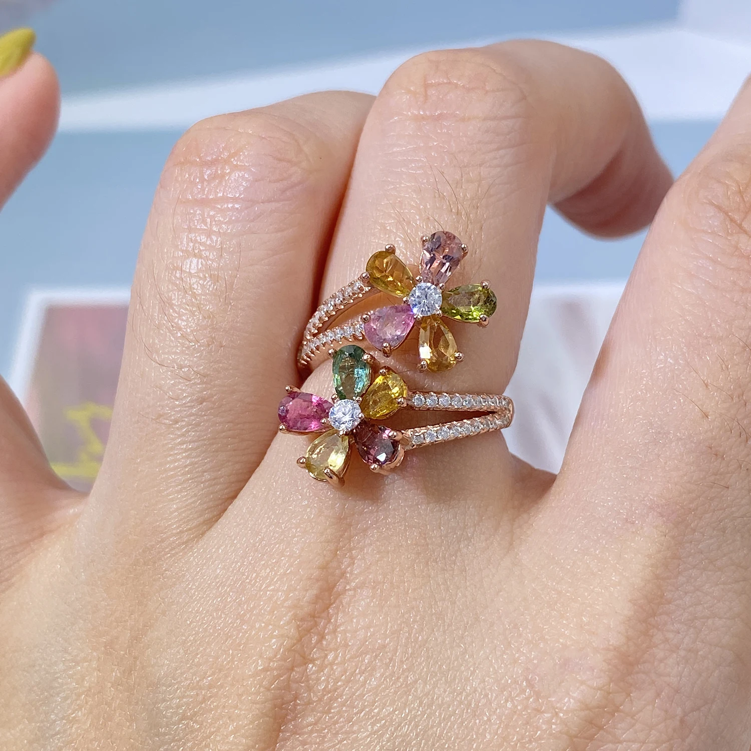 

YBO 925 Sterling Silver Opening Adjustable Rings For Women Natural Colorful Tourmaline Inlay Flower Ring Luxury Dating Jewelry
