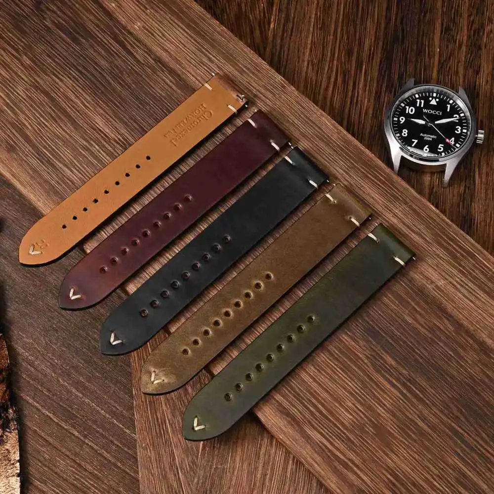 WOCCI Oil Wax Leather Watch Straps 18mm 20mm 22mm Watchband Full Grain Leather Collection Vintage Quick Release Adjustable Strap