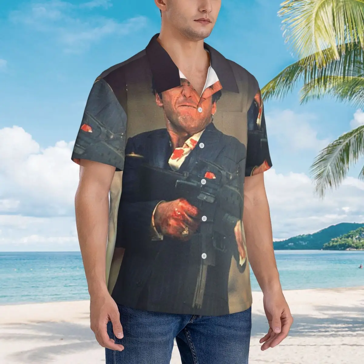 

Scarface Tony Montana Shooting Hawaiian Shirts Casual Men Short Sleeve Shirt for Summer Beach Men's Lapel Tops