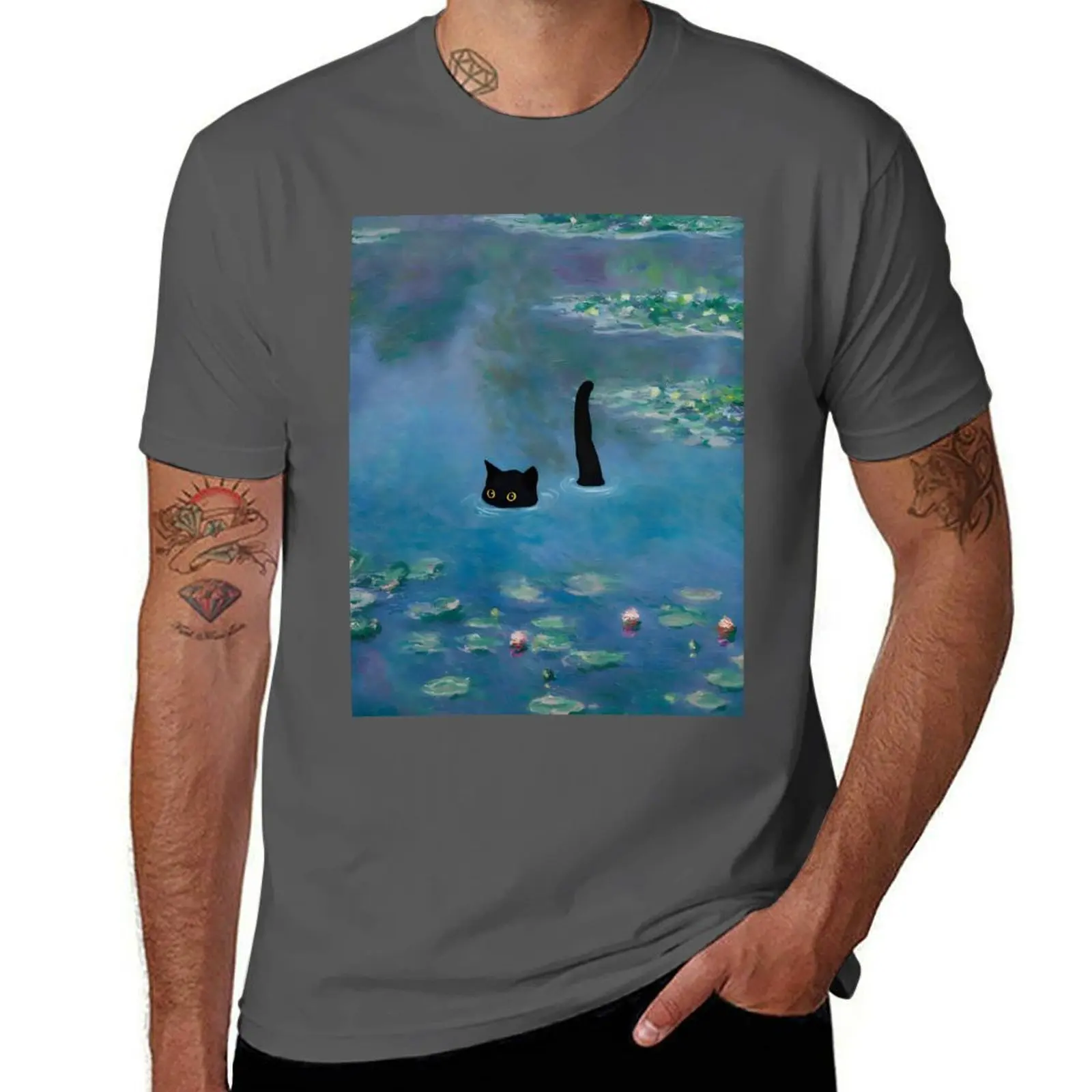

Cat Print Monet Waterlily T-Shirt Fashion Casual Short Sleeve T-Shirt