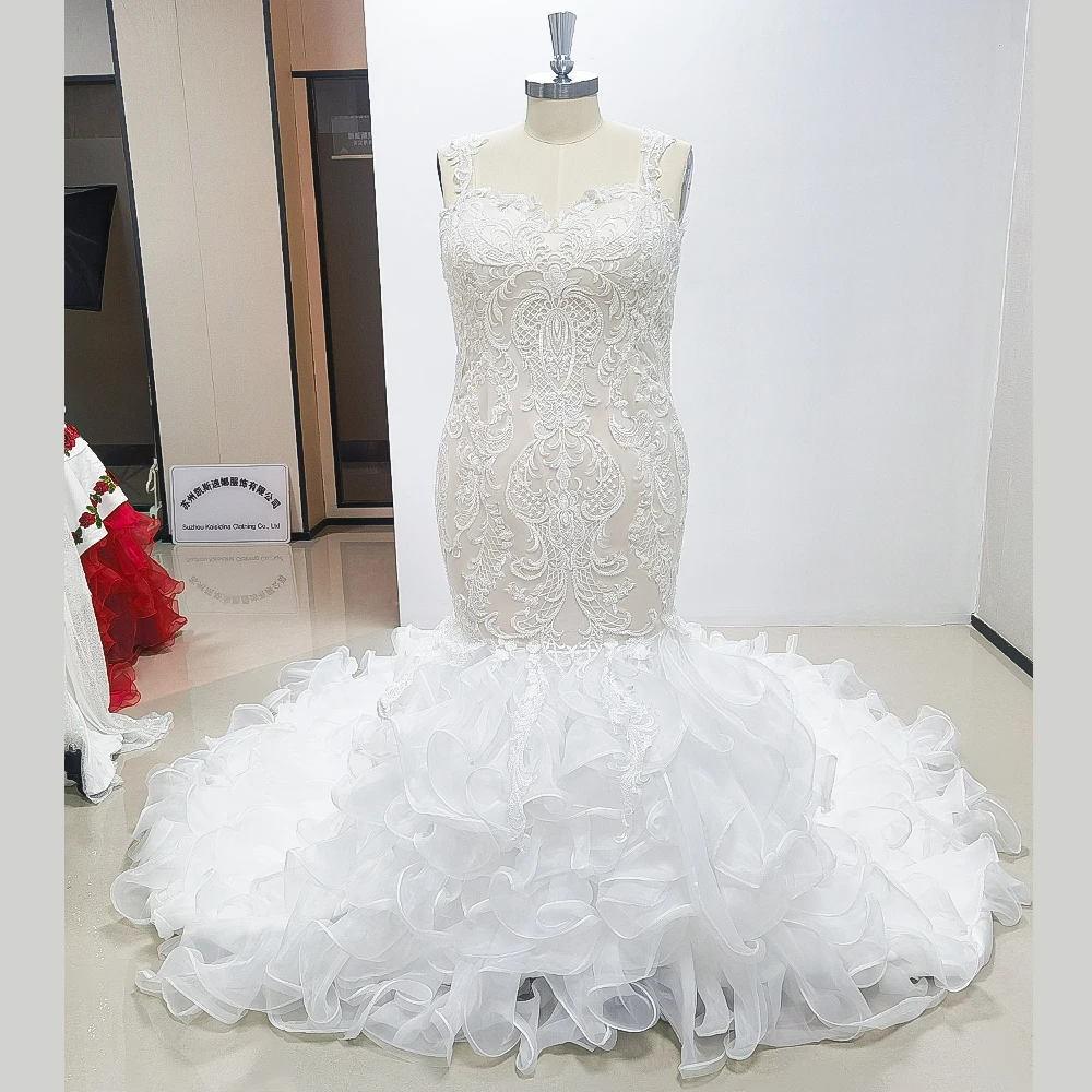 

Luxury White Appliques Wedding Dresses Sleeveless Puff Organza Chapel Train Mermaid Elegant Women Bridal Custom Made Gown 2024