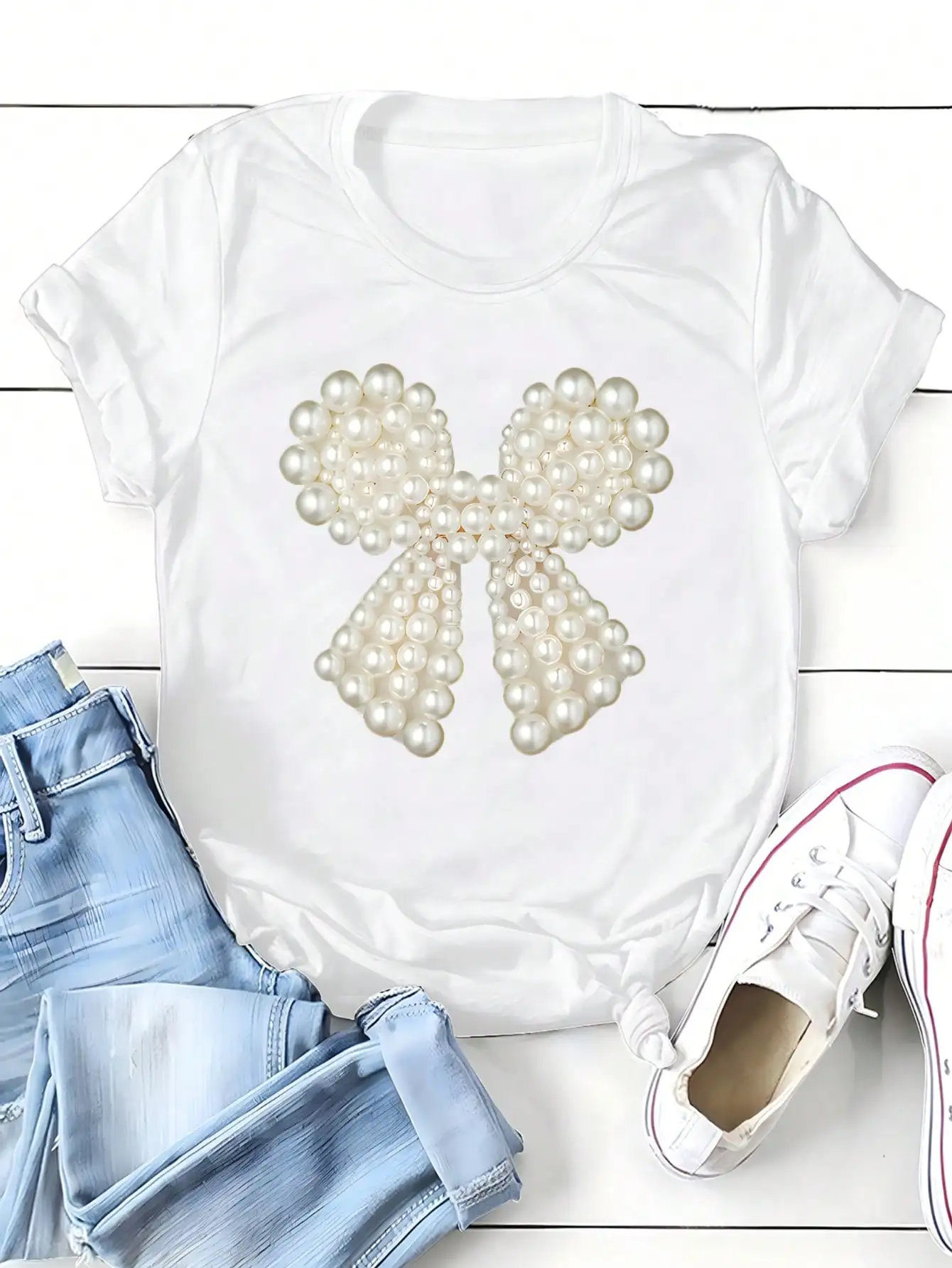 Camiseta a la moda con estampado de lazo de perlas para mujer, sencilla y elegante, informal y versátil, esencial para usar un temperamento elegante