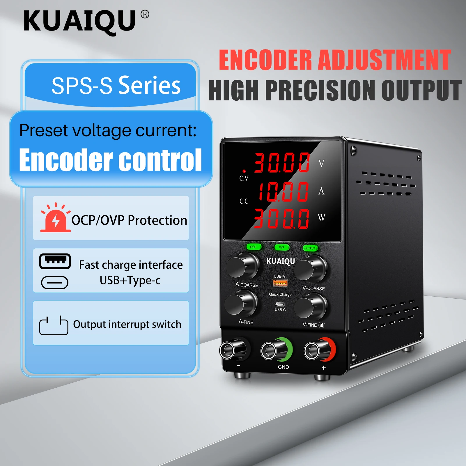 KUAIQU OVP OCP DC Power Supply 30V 10A,Upgraded Model With OUTPUT Switch, 12V 24V 60V 120V, Adjustable Voltage Current Regulator