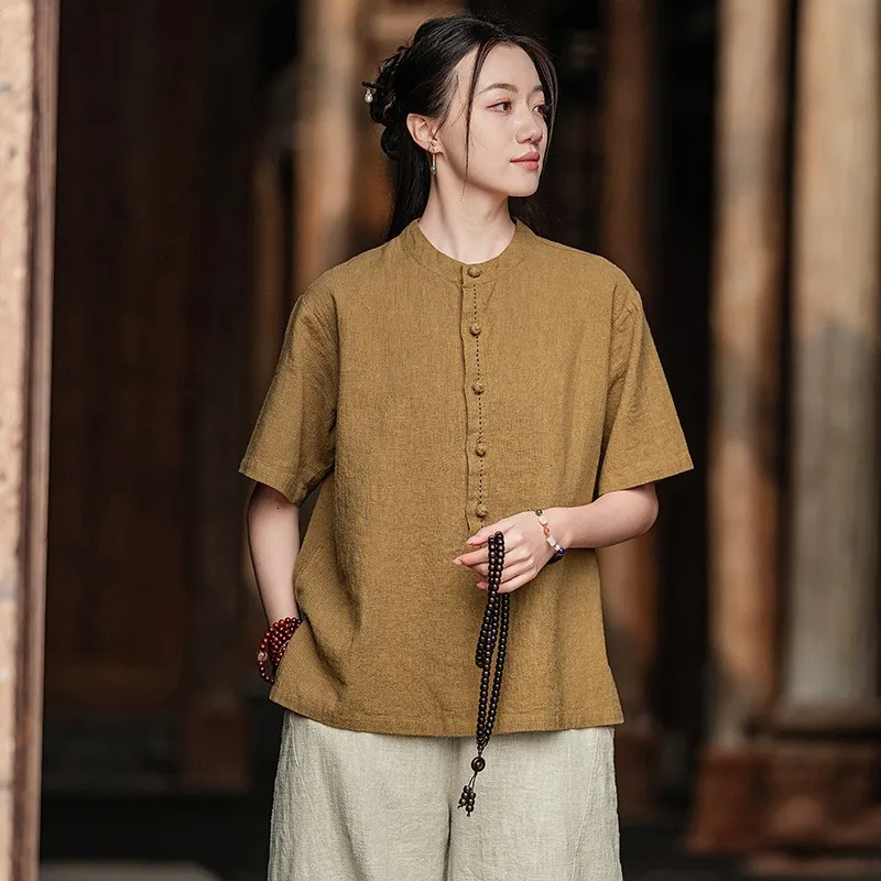 

Ретро китайская льняная футболка ort Sve, женская летняя национальная футболка с воротником-стойкой и пуговицами, свободный топ большого размера