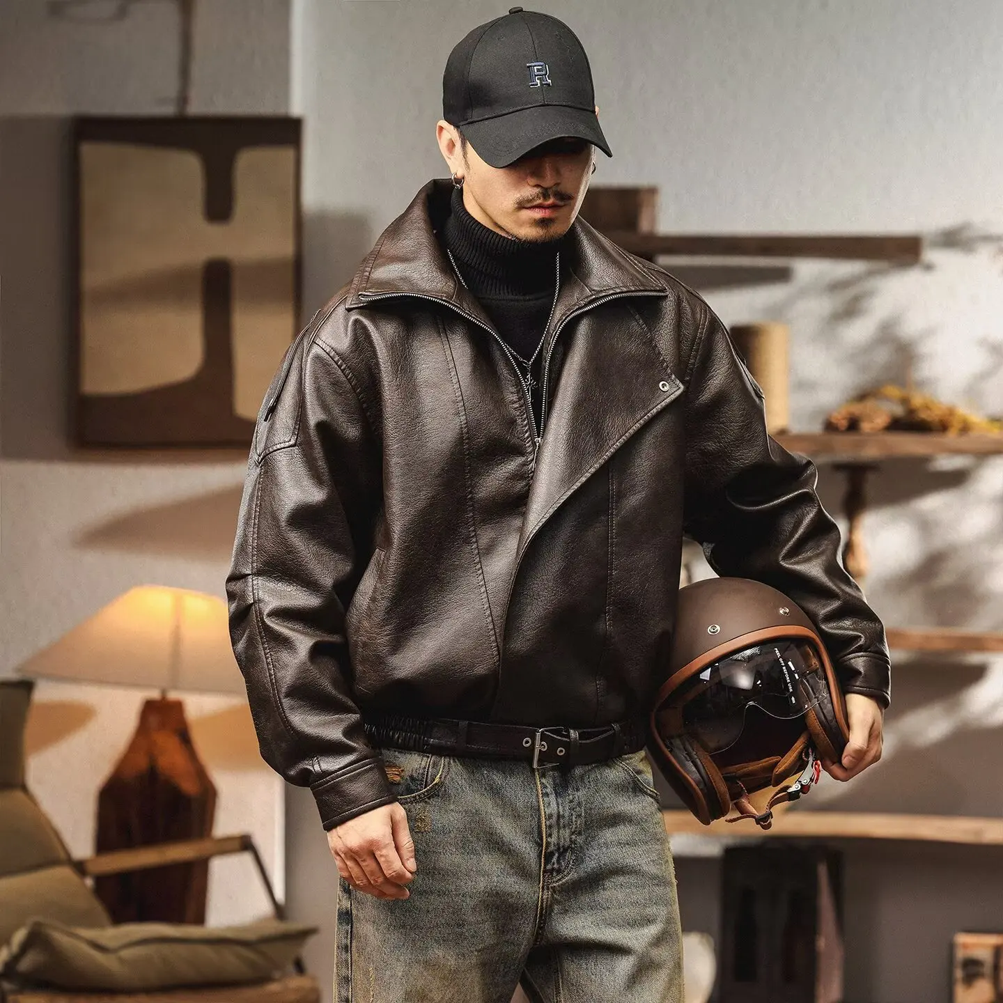 PU Leather American Retro Men's Jacket  Motorcycle Style Double Collar Autumn Winter Outerwear Zipper Closure Lightweight Coat