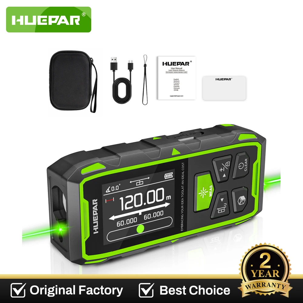 Huepar Dual Laser Rangefinder Green Beam Laser Meter 120M/200M Multiple Unit Measurement Tool With Backlit LCD display & USB