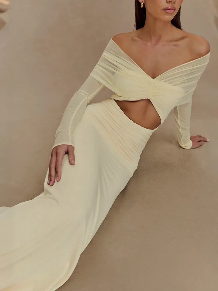 

2025 Beach Style Sexy Hollow Maxi Dress Women Slash Neck Mesh Patchwork Full Sleeve Vacation Party Ruched Elegant Vestidos