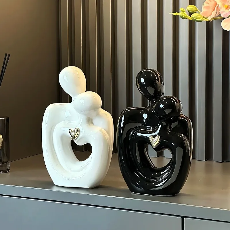 

European Ceramic Figure Sculpture Crafts Black and White Couple Ornaments Creative Love Body Statues Living Room Office Ornament
