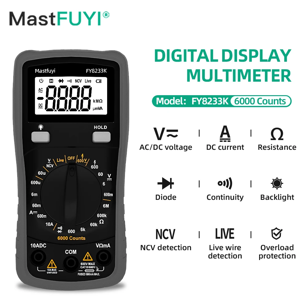 

MASTFUYI Digital Multimeter 6000 Counts Ammeter Ohm Tester High Safety Handheld Meter 600V AC/DC Voltage Tester NCV Electricians