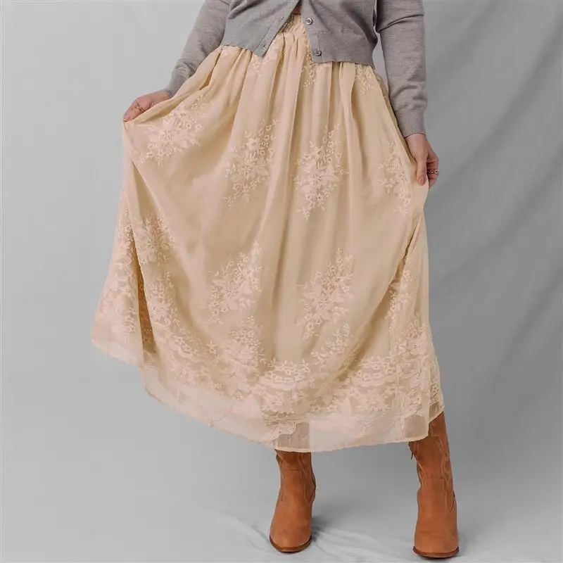 

Однотонная вязаная свободная юбка-миди трапециевидной формы с вышивкой и высокой талией, дышащая трансграничная новая женская юбка Faion