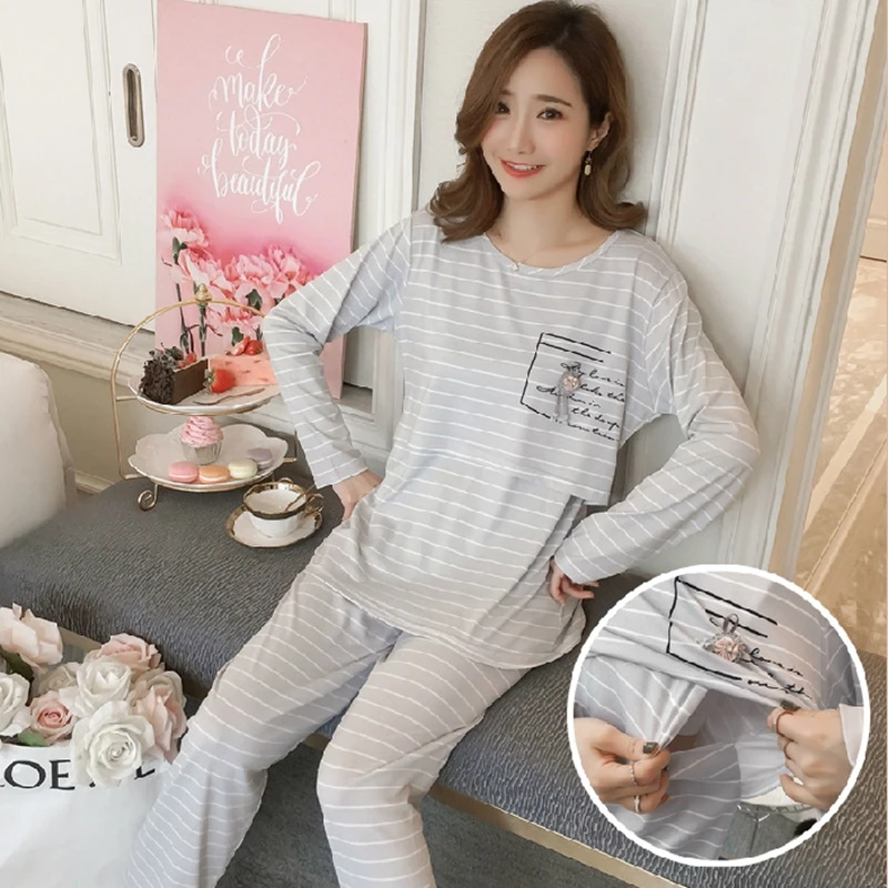 Women Nursing Pyjamas Homewear Spring Autumn Maternity Pajamas Set Cute Breastfeeding Clothes Long-sleeved Pregnancy Sleepwear