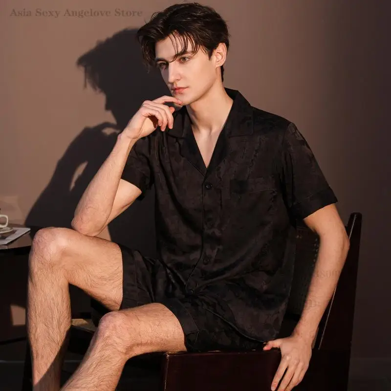 Plus Size Men's Pajamas Set Vintage Jacquard Sleepwear Summer New Short Sleeved Shorts Pyjama Suit Satin Home Clothes Loungewear