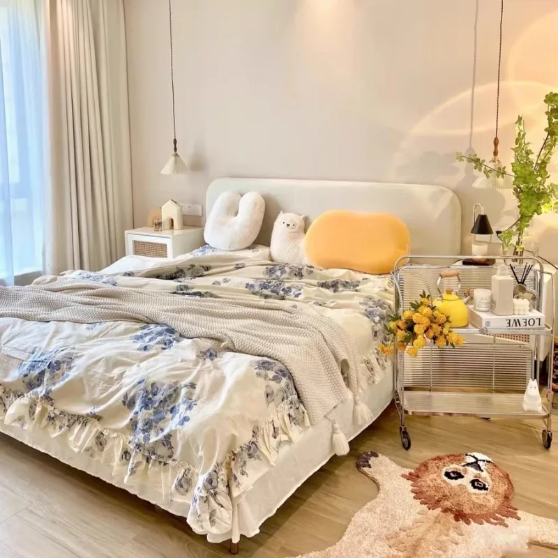 

Minimalist Beige Double Bed European Design Unique Pliable Wooden Double Bed Frame Modern White Cama Matrimonial Furniture Home