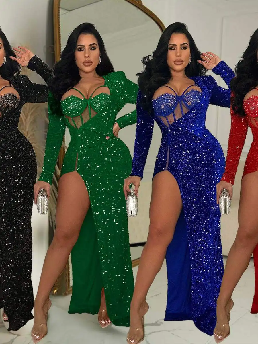 

Faionable Long Sexy Split Dr Pure Color с блестками, женская полиэфирная ткань Dr, длинная све, коллекция лета 2023, коллекция