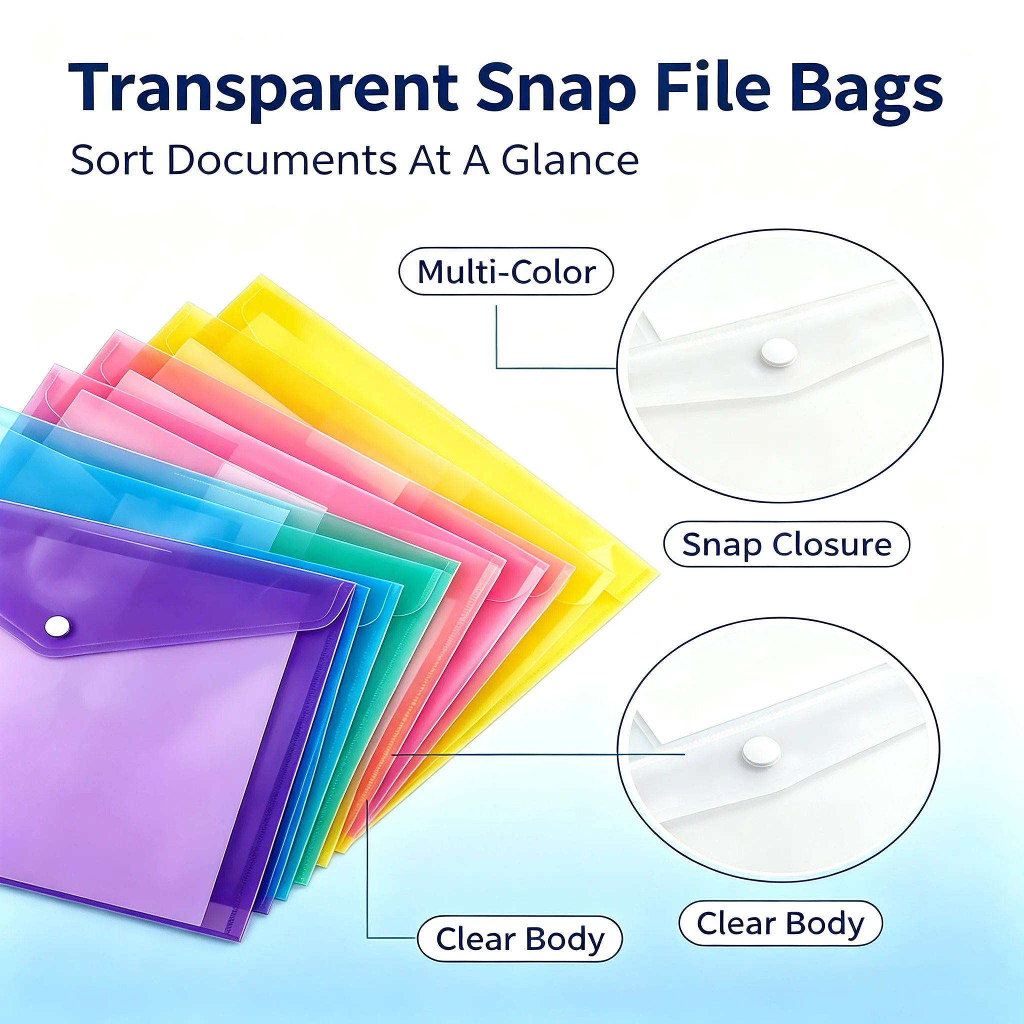 6Pcs A4 Clear Poly Envelope Folders, Plastic Document Organizers with Label Pocket, Random Color for School Office File Storage