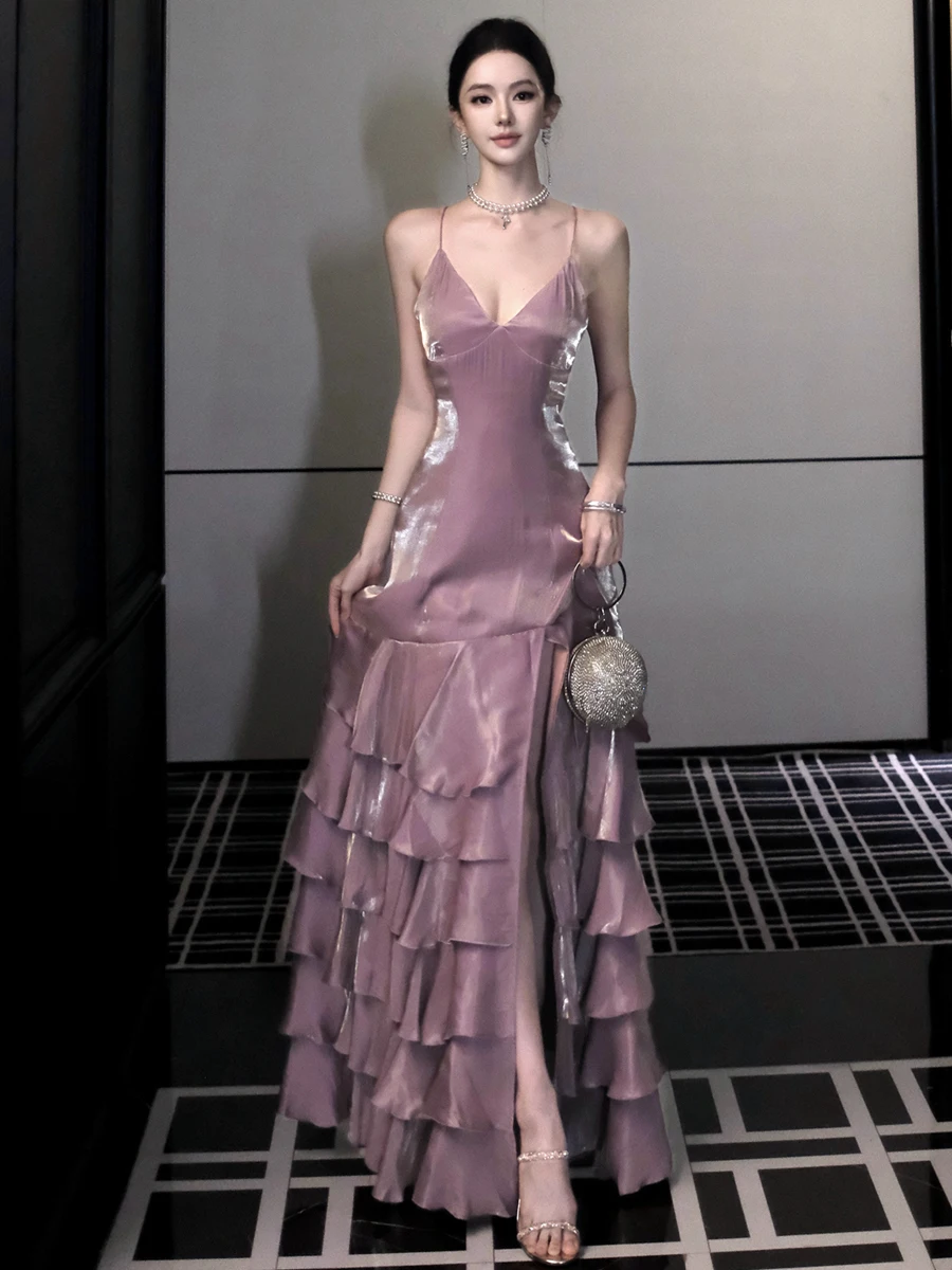 High Waist Cross Back Split Evening Gown Sexy A-Line Dress Show Body Shape Floor Length Sleeveless V-Neck Party Dress