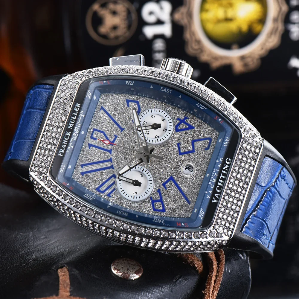 

Hot FRANCK MULLER Brand Geneva Watches For Mens High Quality Chronograph Full Diamond WristWatch Business Sports AAA Male Clocks