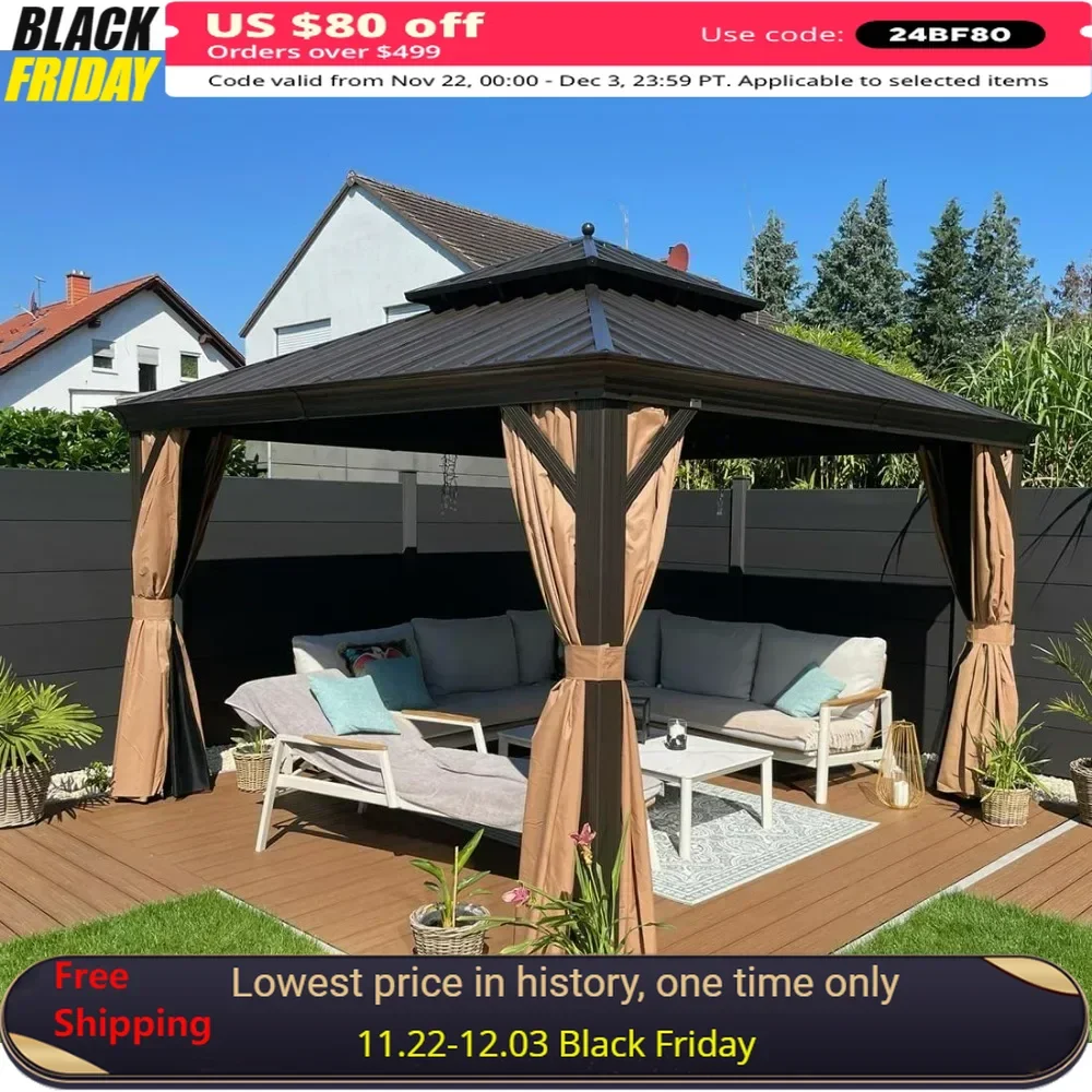 

12' X 12' Outdoor Hardtop Gazebo,All Weather Aluminum Metal Roof Backyard Pavilion With Netting And Curtains,canopy Outdoor