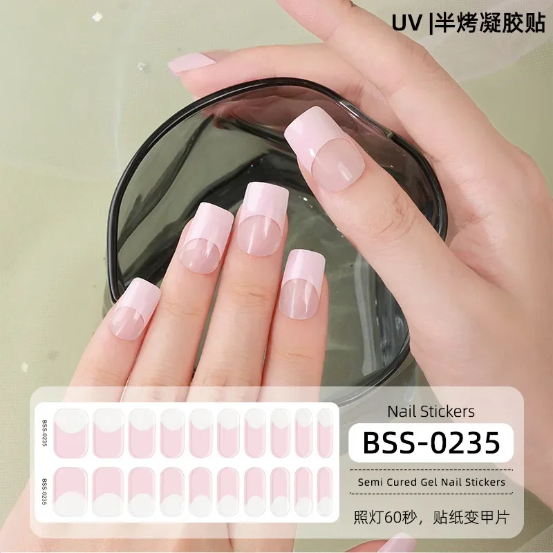 20 Strips Semi Cured Gel Nail Stickers Set for UV Lamp Full Cover French Colorful Manicure DIY Women Fashion Nail Art Decoration