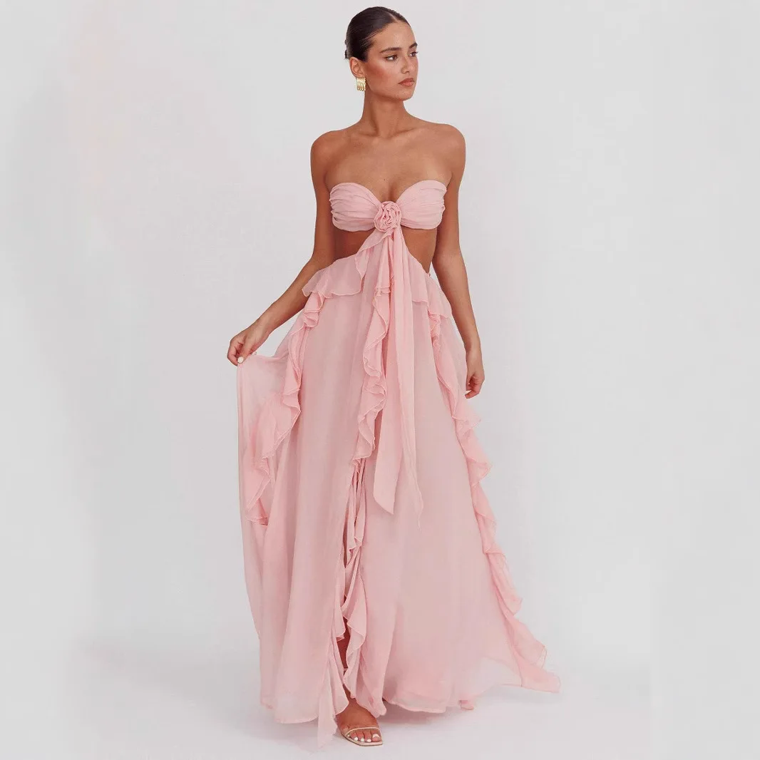 Mode Ruche Zomerjurk voor Vrouwen Sexy Uitgesneden Slanke Vakantie Feestjurken Roze Strapless Backless Party Fairy Jurk 2025