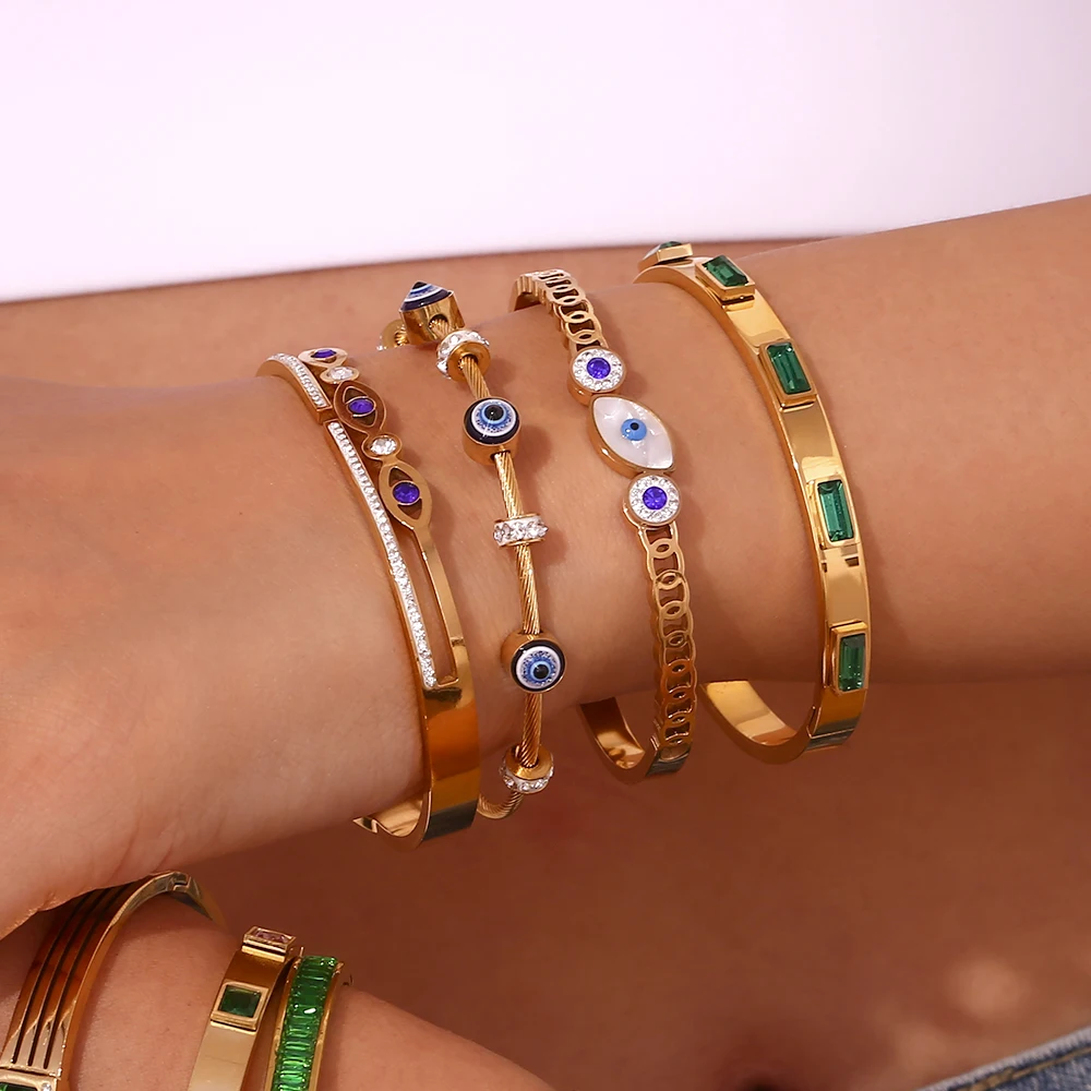 E.B.belle Rechteckiges Muschel-Dämonenauge, blaue Augen, hohle Linie, Strass-Zirkon, geschlossenes Armband, 18 Karat vergoldeter Edelstahl – Detail 10