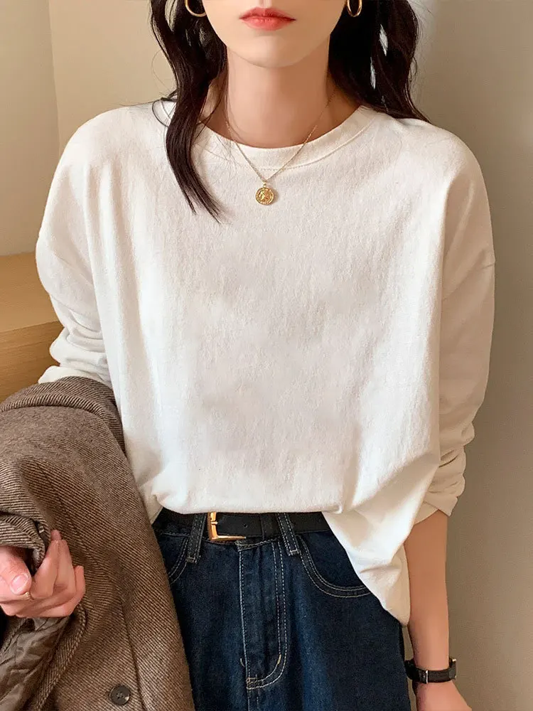 أزياء الخريف طويلة الأكمام تي شيرت المرأة الأساسية تي شيرت المعتاد تي شيرت المرأة عادية س الرقبة المرأة التي شيرت تنوعا أسود أبيض #2