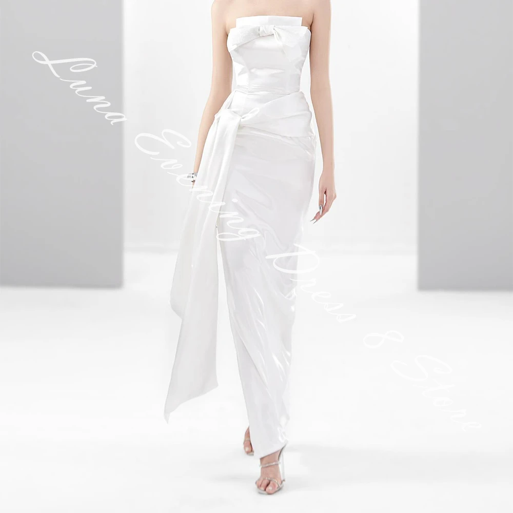 Customized Delicate Satin Straight Bow Evening Dress Strapless Sleeveless Floor Length White Temperament Vestidos de fiesta