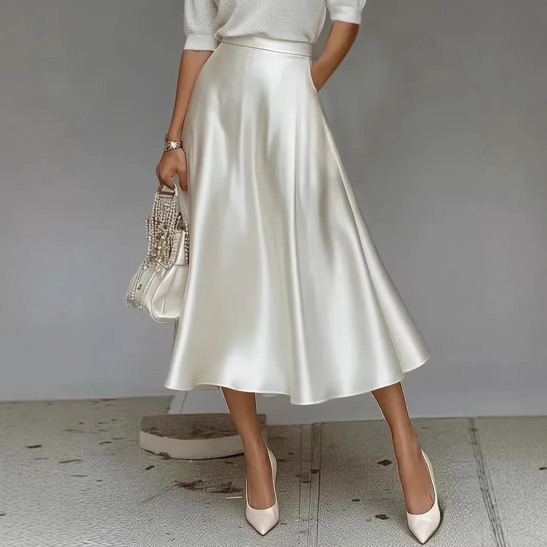 

2026 Women's A-shaped Skirt Spring and Summer New Solid Color Satin Satin Fashion Commuter Hip Skirt