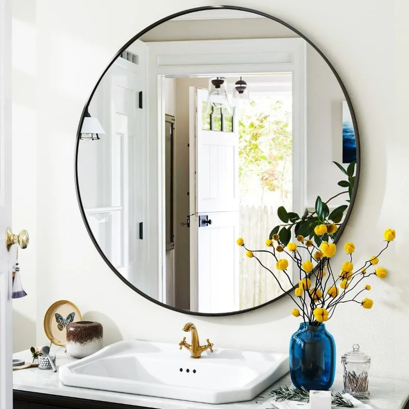 Round Bathroom Mirror, 24-inch Round Mirror, Round Wall Mirror with Simple Metal Frame