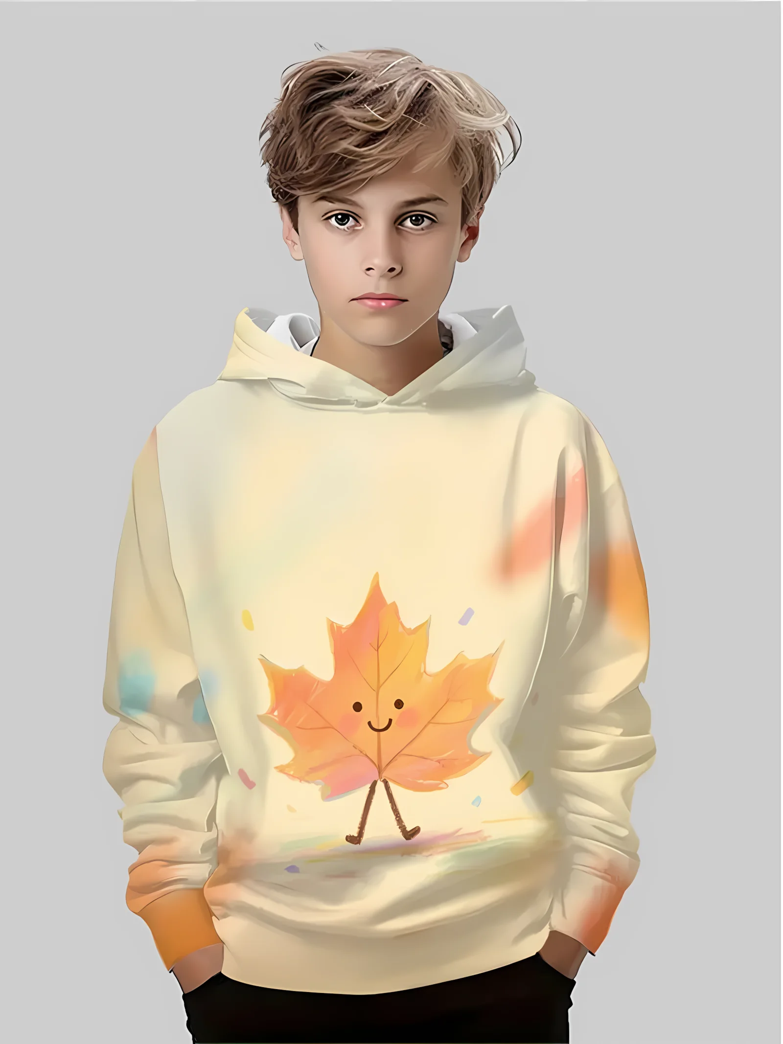 The 2025 autumn new comfortable children's hoodie with 3D cartoon maple leaf pattern printed casual and fashionable pullover