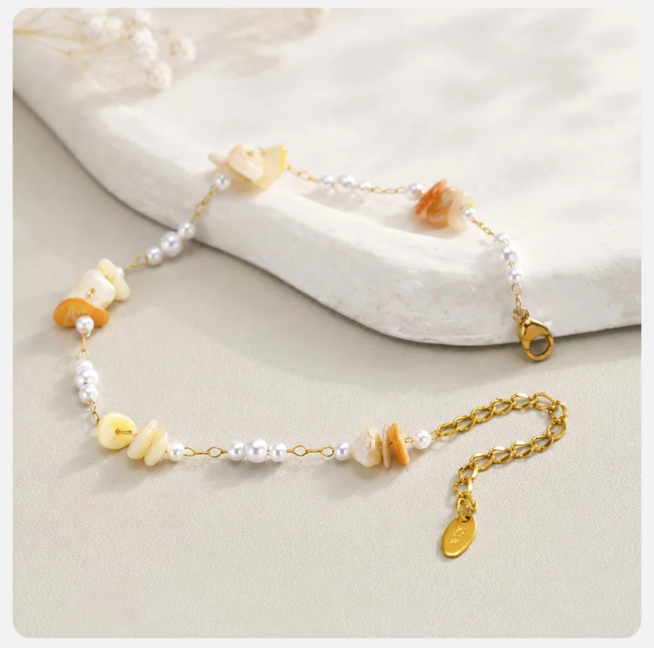 Vnox Boho Unregelmäßige Muschel-Halskette und Fußkette für Frauen, Edelstahl, vergoldet, mit Imitationsperlen, Schlüsselbeinkette, Strand-Schmuck – Detail 12