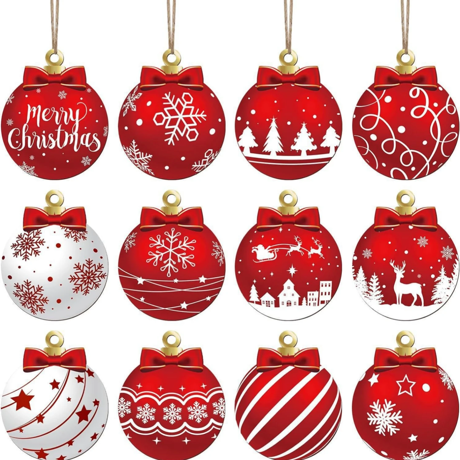 

12/24PCS New Christmas Wooden 2D Ornament Hanging Decorations Xmas DIY Christmas Tree Craft Pendant Home Decor New Year Gifts