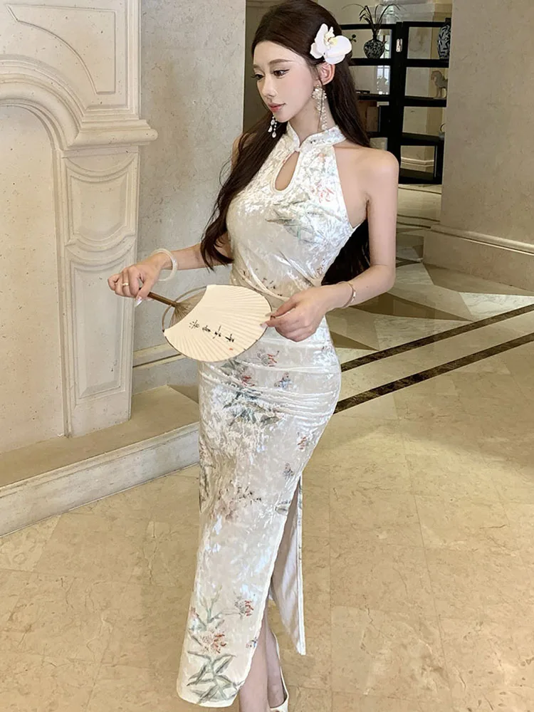 2025 vestido largo Sexy de terciopelo Floral elegante con cuello para mujer vestido de fiesta de lujo Vintage coreano Otoño Invierno vestido de noche elegante