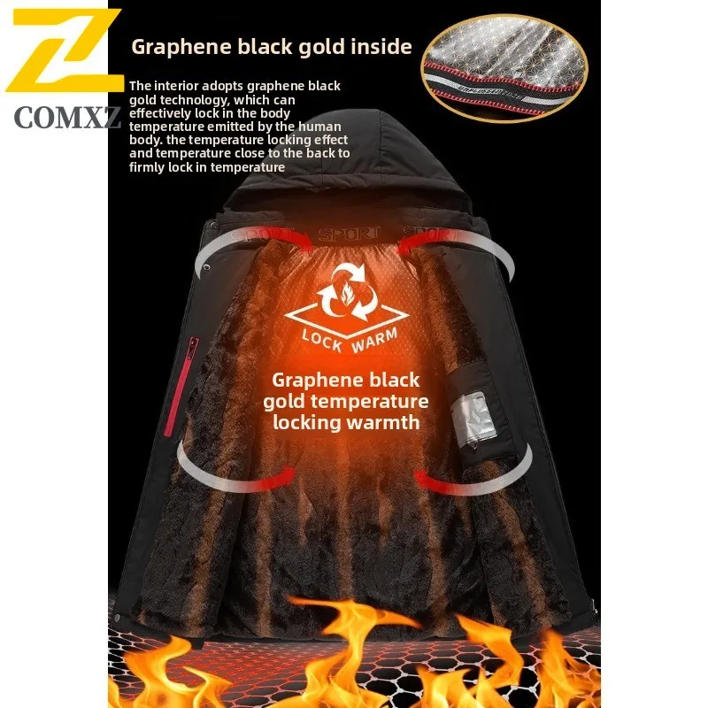 الرجال الجرافين معطف الشتاء الحرارية اصطف مقنعين سترة منفوخة يندبروف مقاوم للماء انفصال الفراء طوق سميكة سترة في الهواء الطلق #4