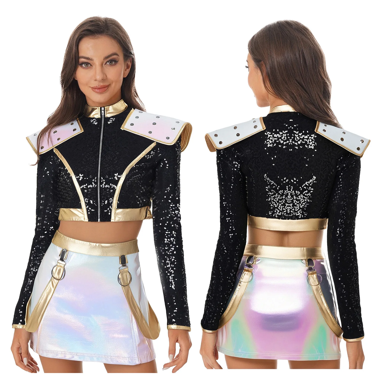 

Women Halloween Masquerade Knights Cosplay Performance Costumes Fashion Crop Top with Skirts for Carnival Cavalier Outfits