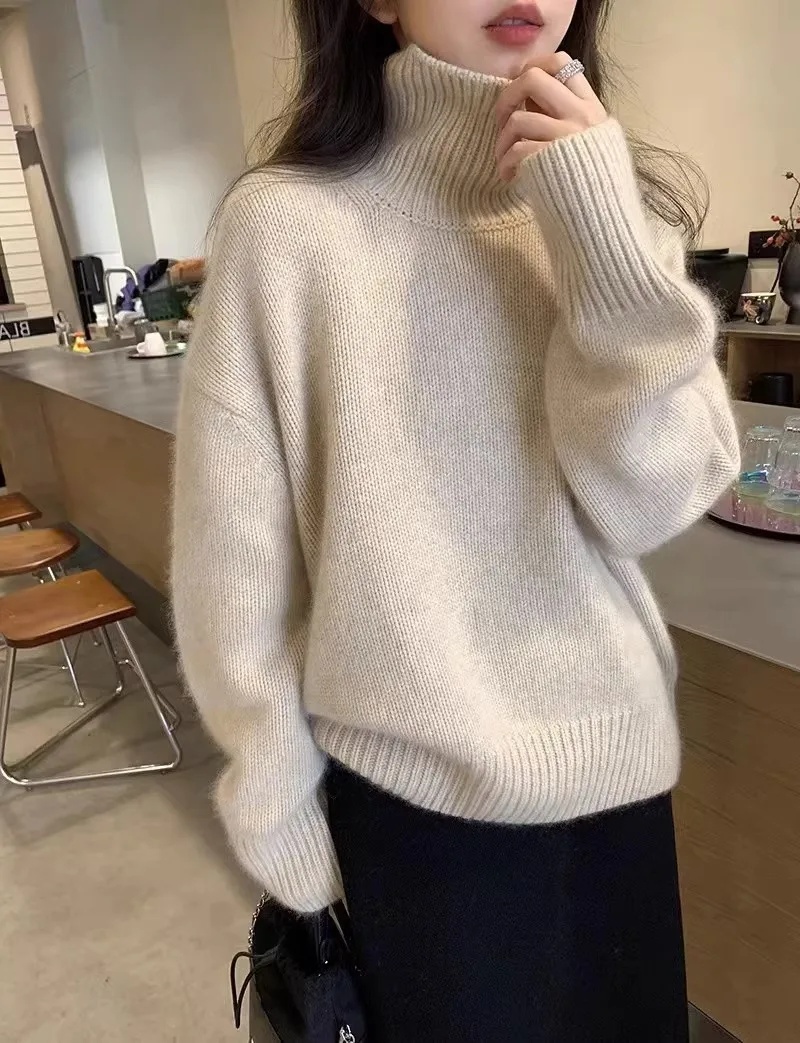 Heavy European American turtleneck cashmere sweater women\'s 100% pure cashmere sweater thickened loose knit bottom shirt