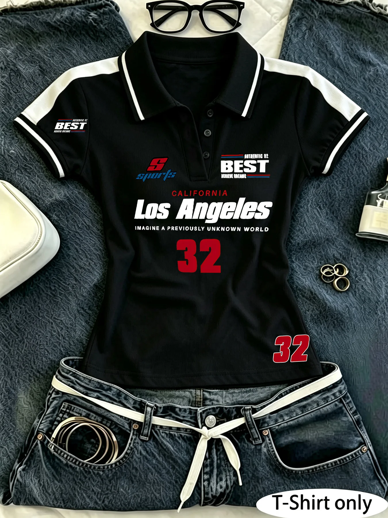 Women’s Y2K Black Cropped Polo, LA Racing No.32 Multi‑Print Contrast Stripe Slim Fit Retro Streetwear Short Sleeve Top