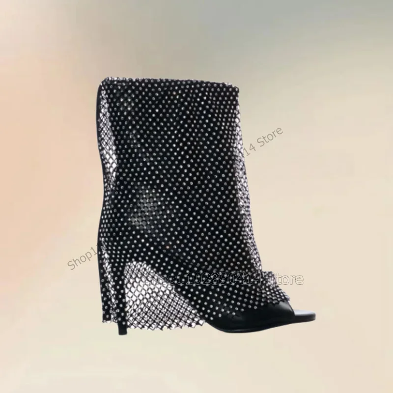 

Black Mesh Rhinestone Decor Turned Over Peep Toe Boots Slip On Women Shoes Thin High Heels Sexy Fashion 2023 Zapatos Para Mujere