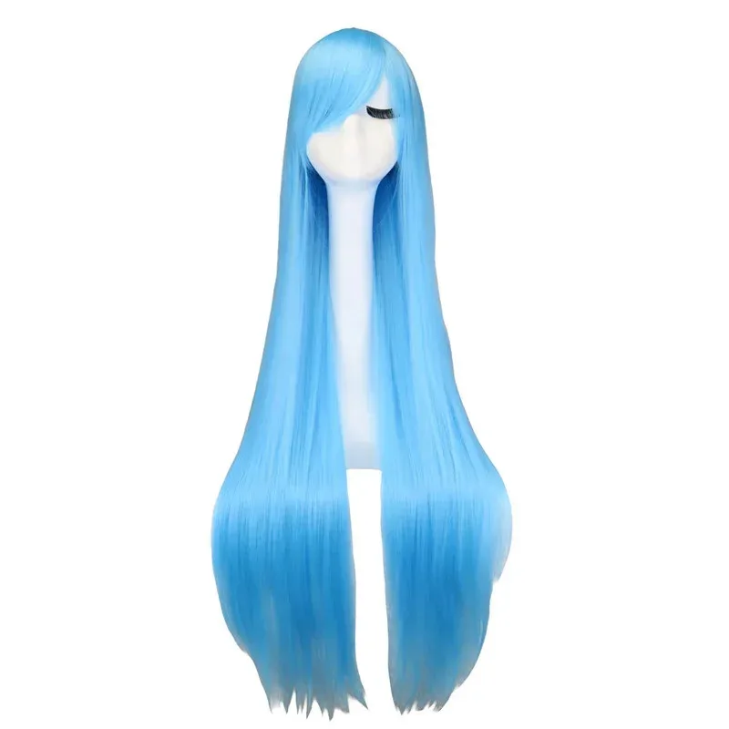 2025 aaa QQXCAIW Long Straight Cosplay Wig Purple Black Red Pink Blue Dark Brown 100 Cm Synthetic Hair Wigs